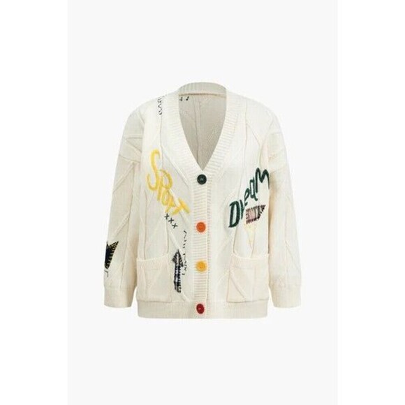 Ebossy Collection Womens Cardigan Sweater XL White Latter Embroidery Cable Knit - Picture 1 of 8